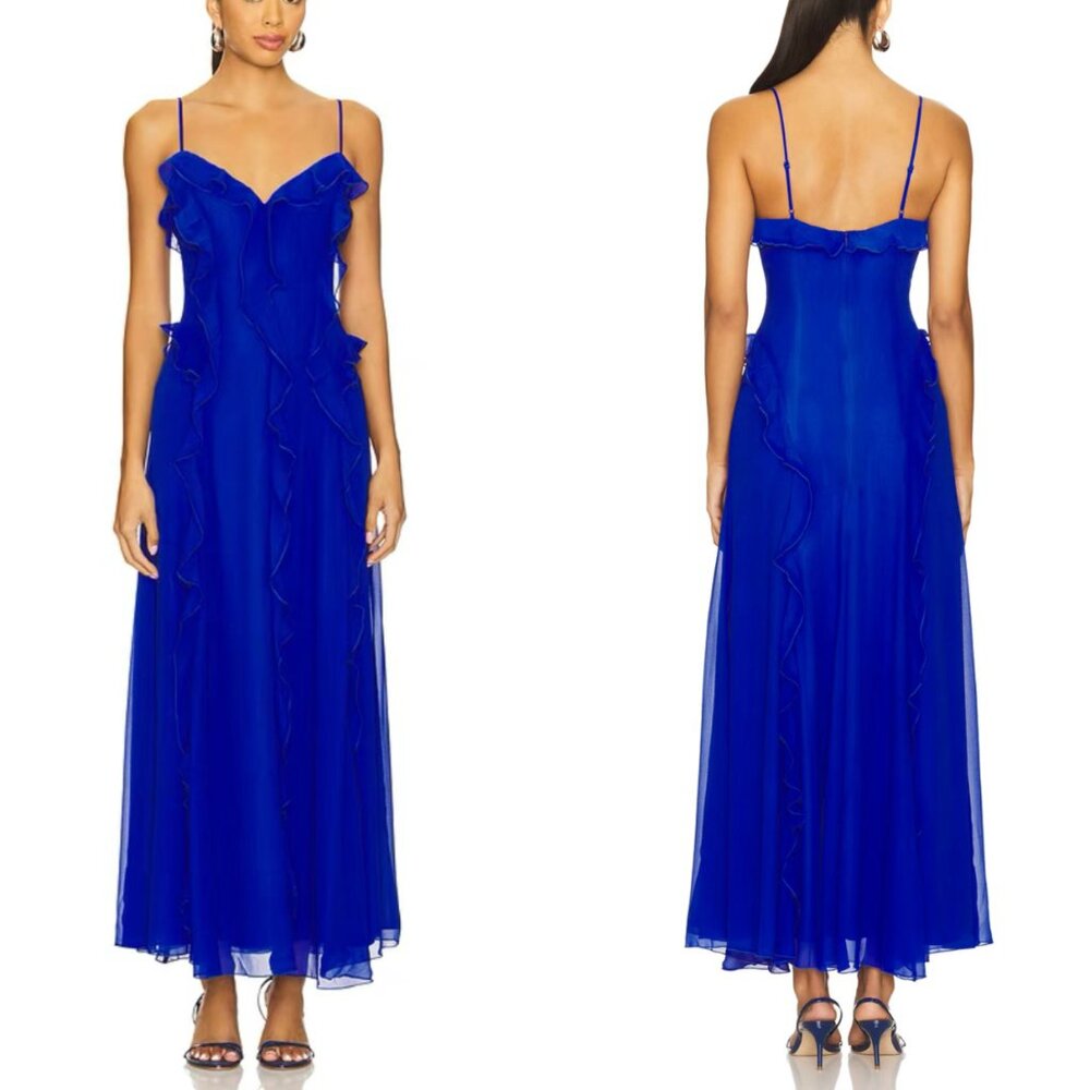 Bardot Revolve Veris Ruffle Maxi Dress Medium/US6 Electric Blue Cocktail Party